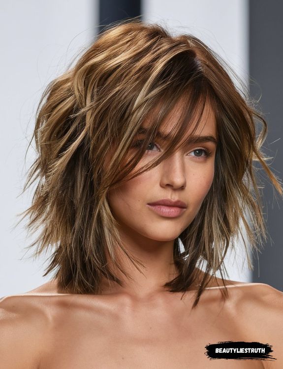 A woman with a lob modern shag haircut featuring textured layers and soft waves.
