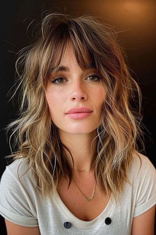 Woman with medium shaggy wispy haircut featuring shoulder-length, choppy layers and airy bangs.