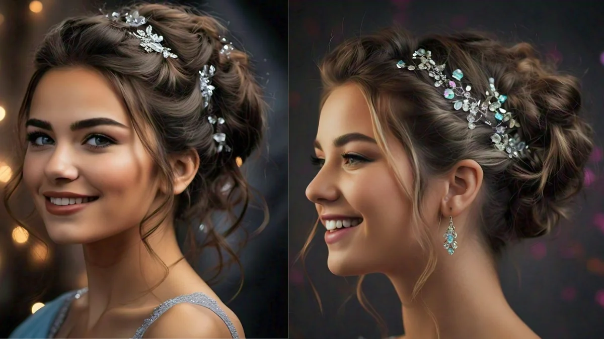 Woman with a messy bun hairstyle adorned with sparkly hair accessories, perfect for prom.