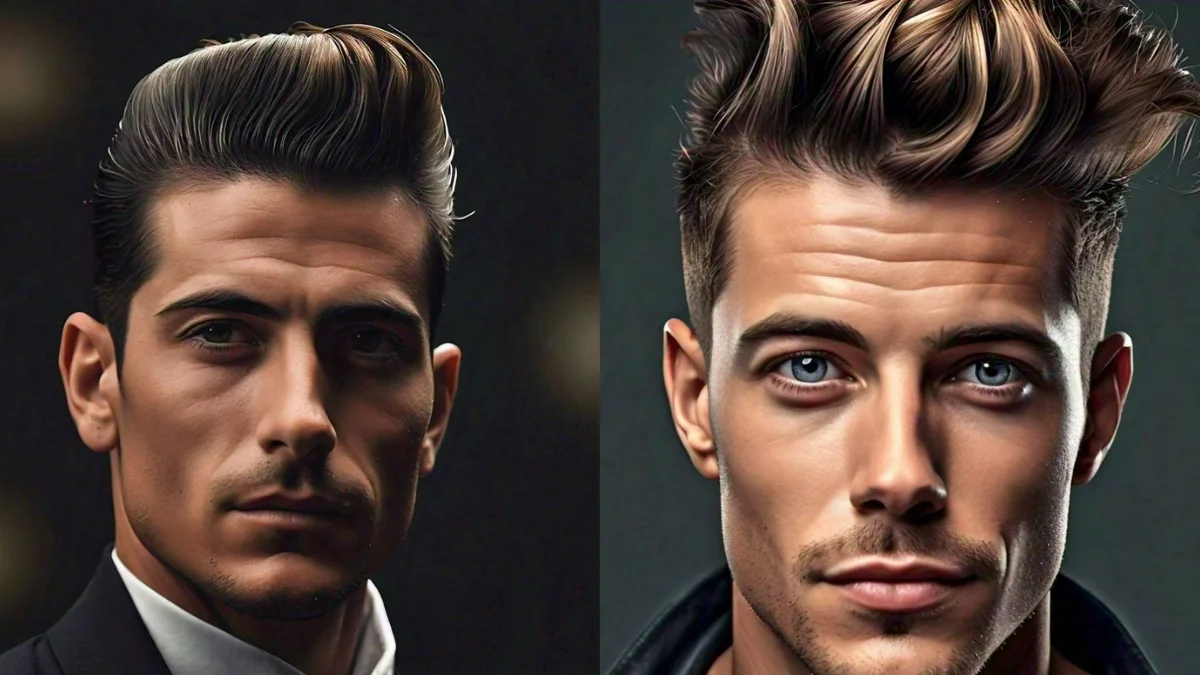 Man with a pompadour hairstyle complemented by a high fade, ideal for a sophisticated prom look.