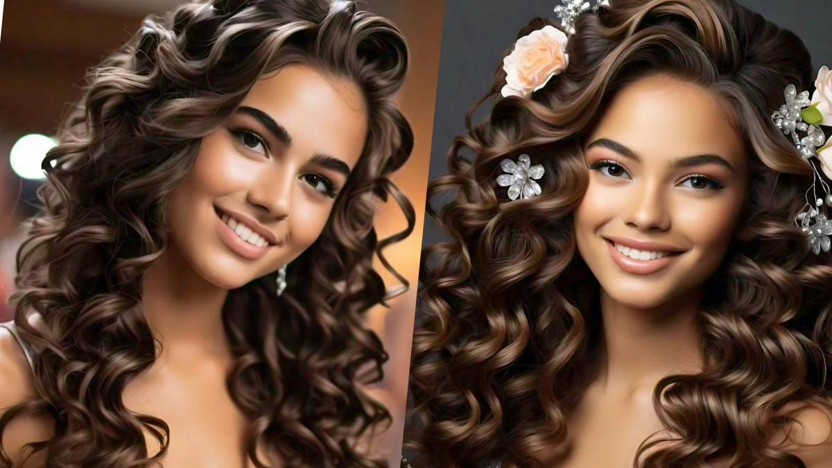 Woman with curly hair styled beautifully for prom.