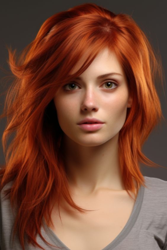 A red modern shag haircut with textured layers and fringe on a woman.