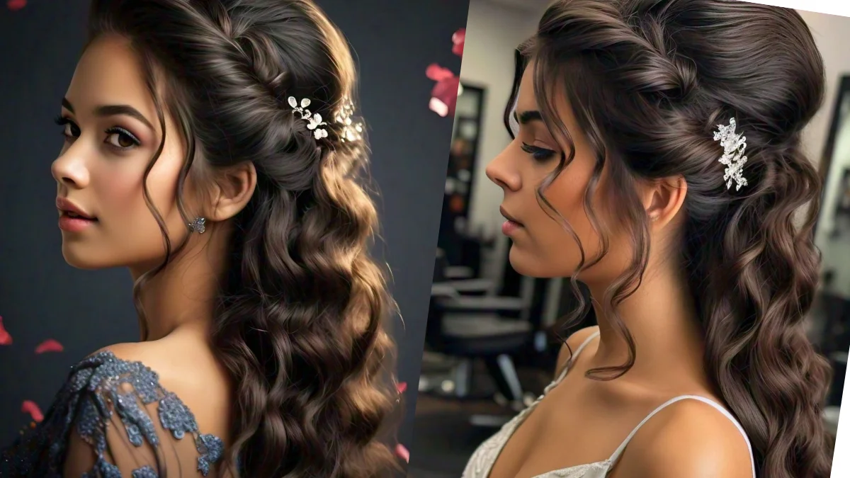 Woman with long hair styled in romantic loose waves, ideal for prom.