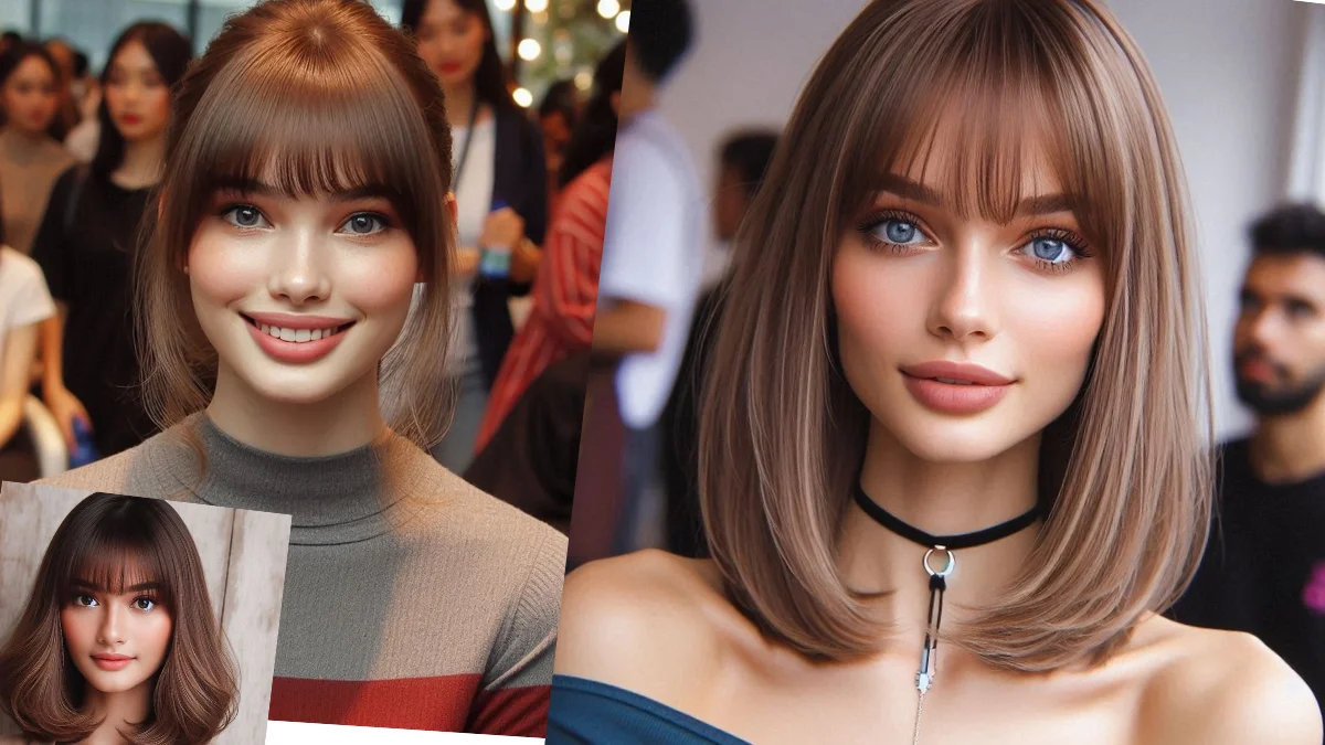 Woman with Sedu bangs styled straight and sleek.