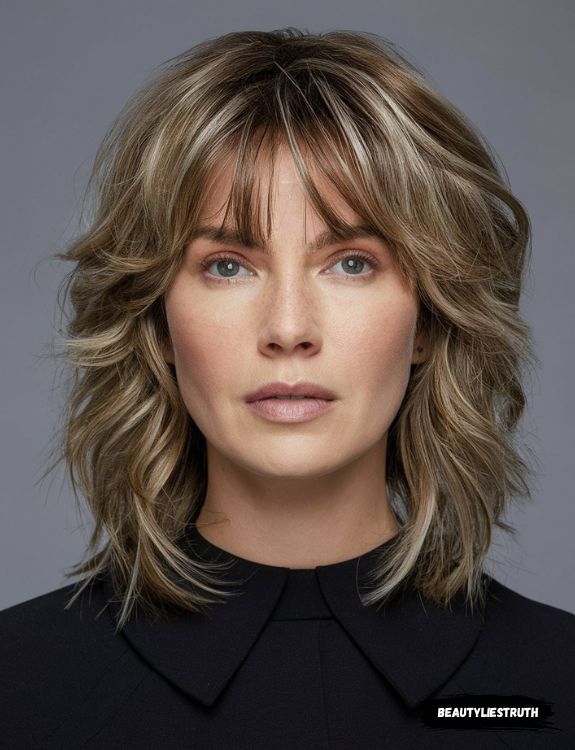 A woman with a shag haircut featuring textured layers and curtain bangs.