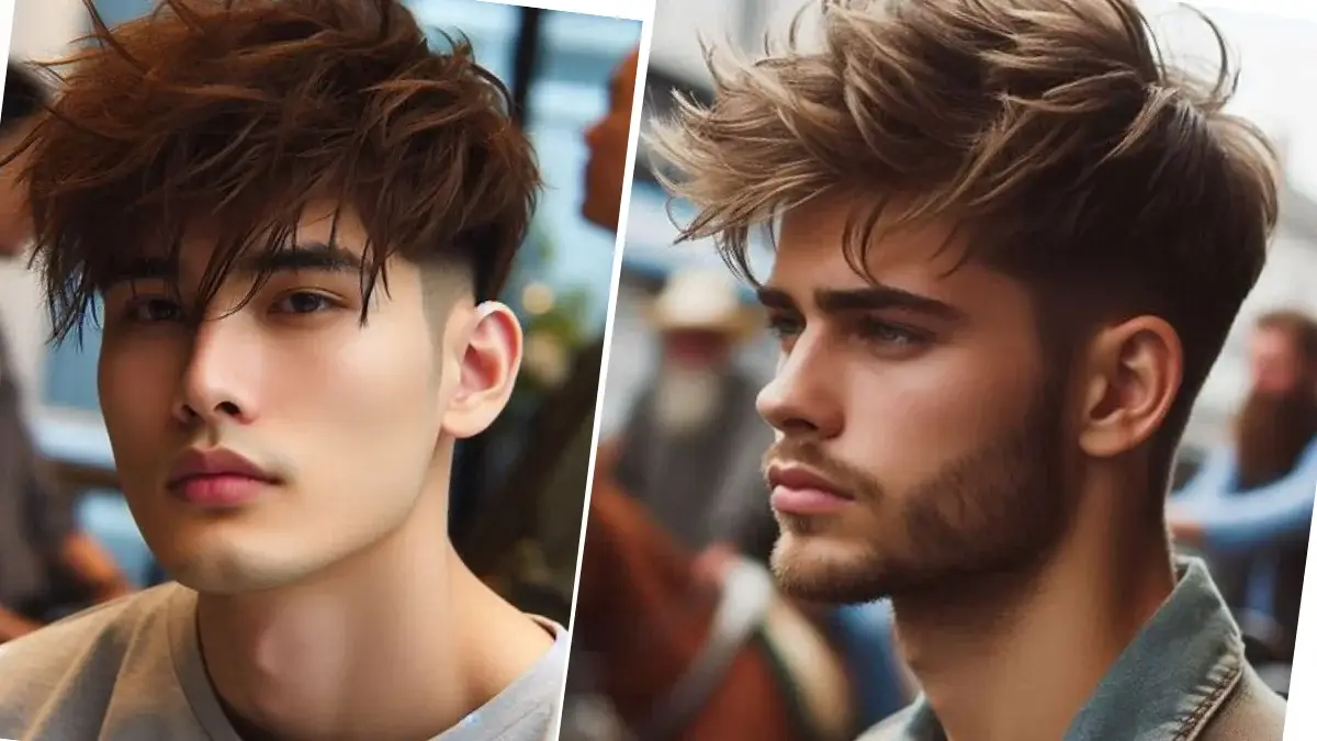 Man with short messy hair, featuring textured and tousled strands for a stylish, casual look.