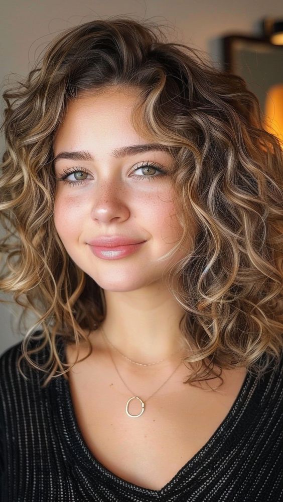 Woman with soft curls hairstyle for round face