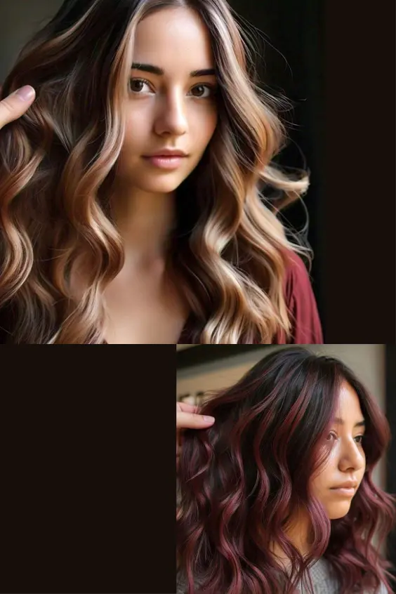 Combine burgundy and brown for a powerful duo. Add soft merlot tones to the ends and create defined curls for a cute wavy balayage effect.