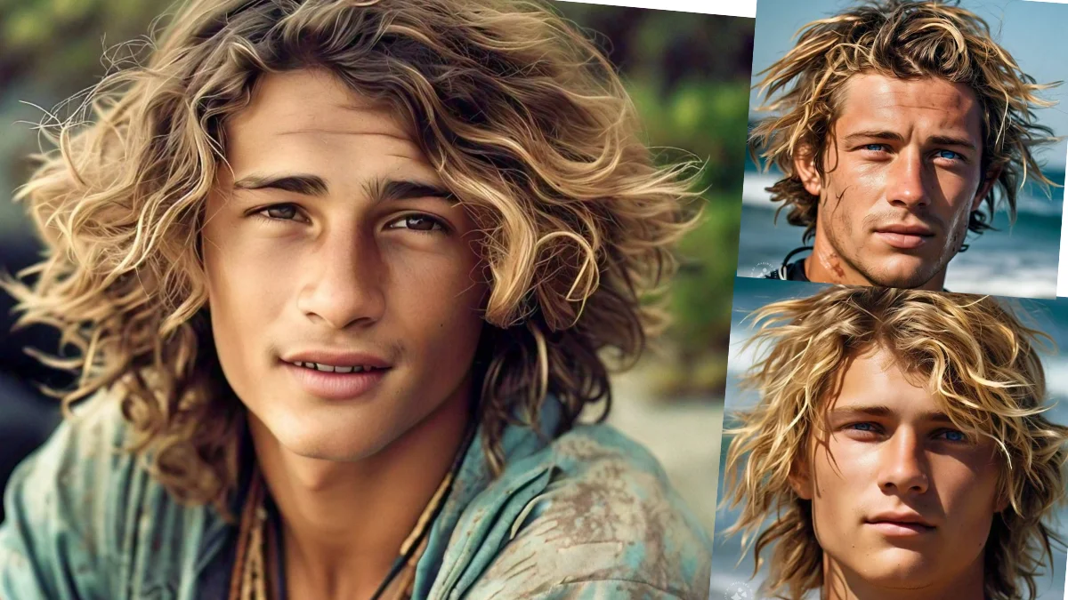 Guy with surfer hair beach style, capturing windswept, laid-back vibe with natural waves.