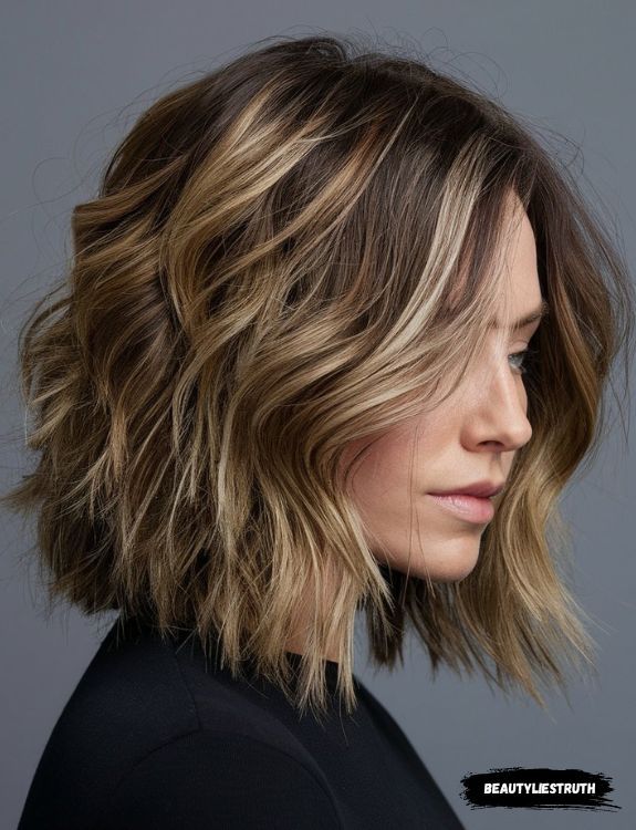 A woman with a textured shag haircut featuring layered waves and choppy ends.