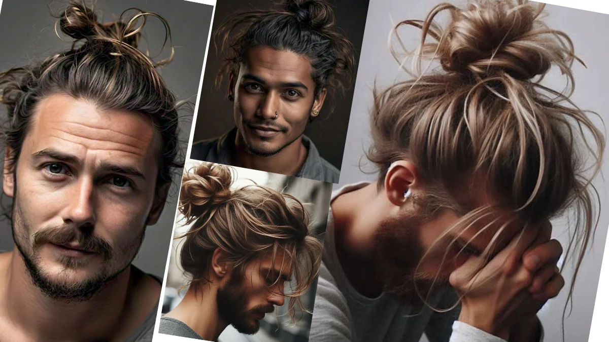 Guy with unkempt man bun hairstyle, relaxed style with loose strands for casual, laid-back vibe.