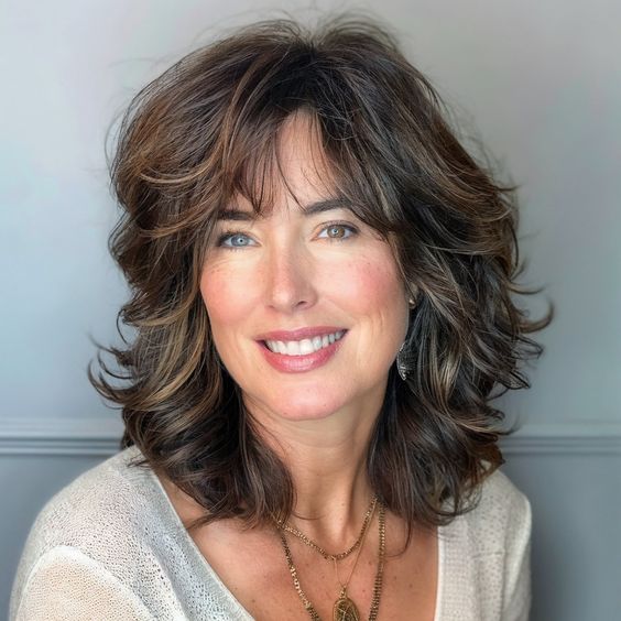 Woman with wavy modern shag haircut displaying textured layers and loose waves, creating a stylish and relaxed look.
