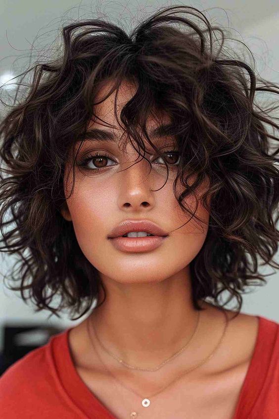 Short wolf cut with curly hair featuring a bold, textured look