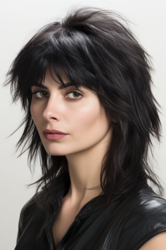 Wolf cut mullet with a voluminous top and shorter back