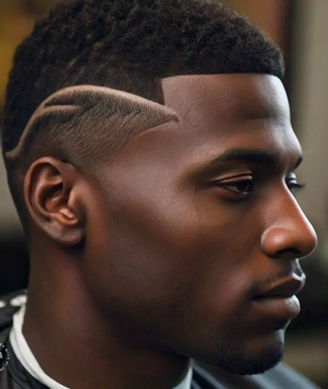 Black man with fade haircut and side part.