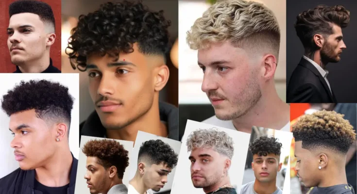 Collage of 17 stylish short curly hairstyles for men to try in 2024, featuring a range of modern and classic looks