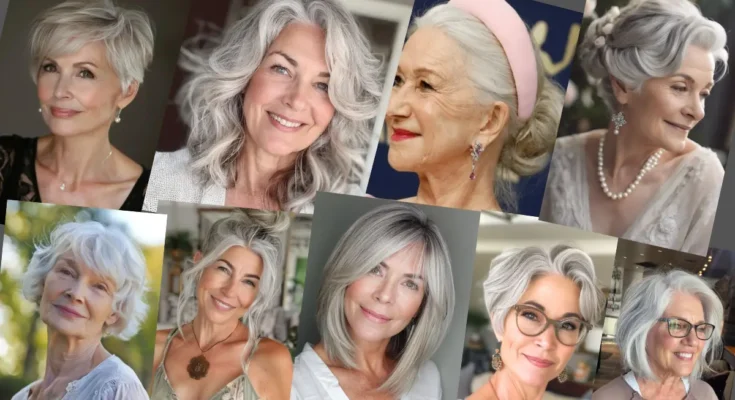 Elegant gray hairstyles for women over 70 featuring a variety of sophisticated looks.