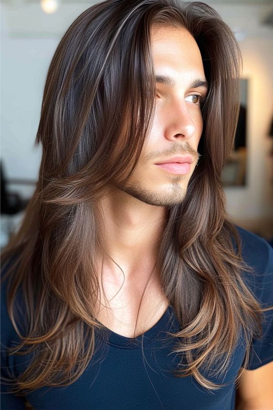 Man with long layered hair that adds width to a long face.