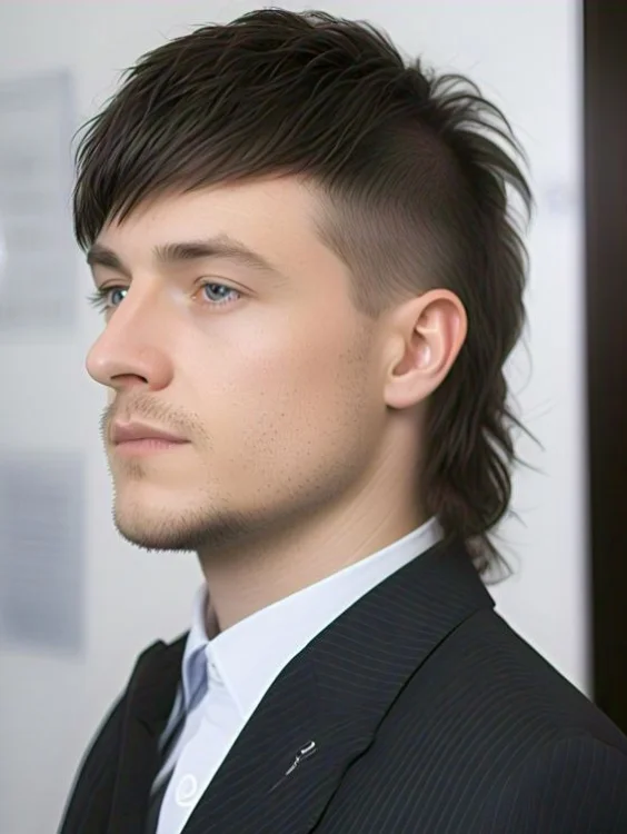 Black mullet hairstyle with deep color and sleek design