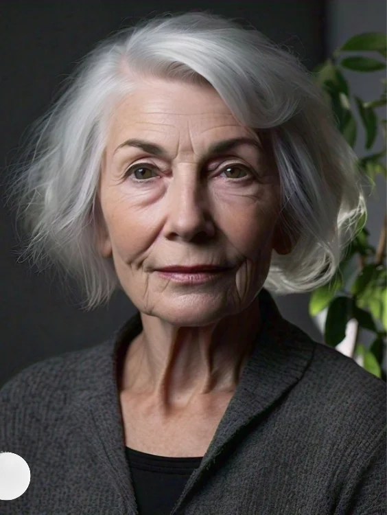 Blunt chin-length bob gray hairstyle for women over 70.