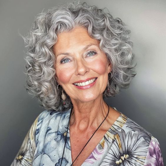 Bouncy silver curls gray hairstyle for women over 70