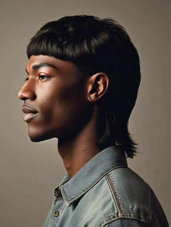 Bowl cut mullet with a rounded top and traditional mullet back