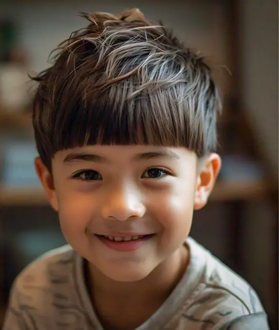 Young boy with a bowl cut, even length all around.