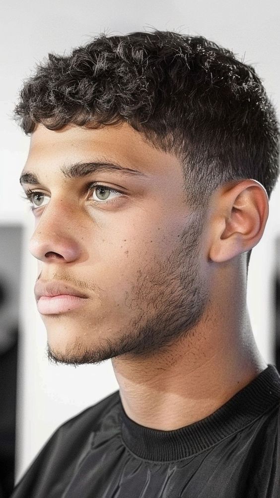 Buzz cut with curly texture for men, combining very short length with defined curls.