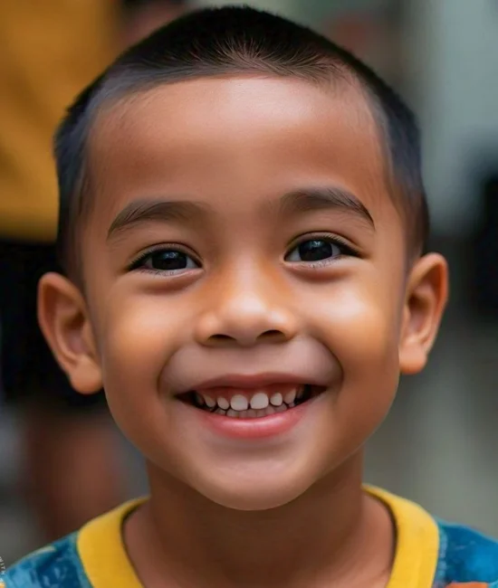 Young boy with a clean and simple buzz cut, very short hair.