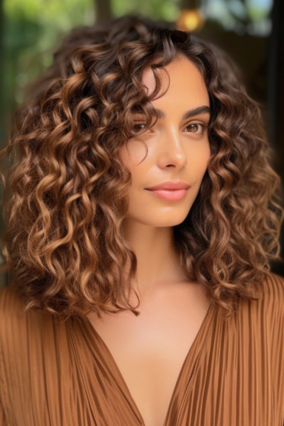 Woman with caramel highlights on curly hair