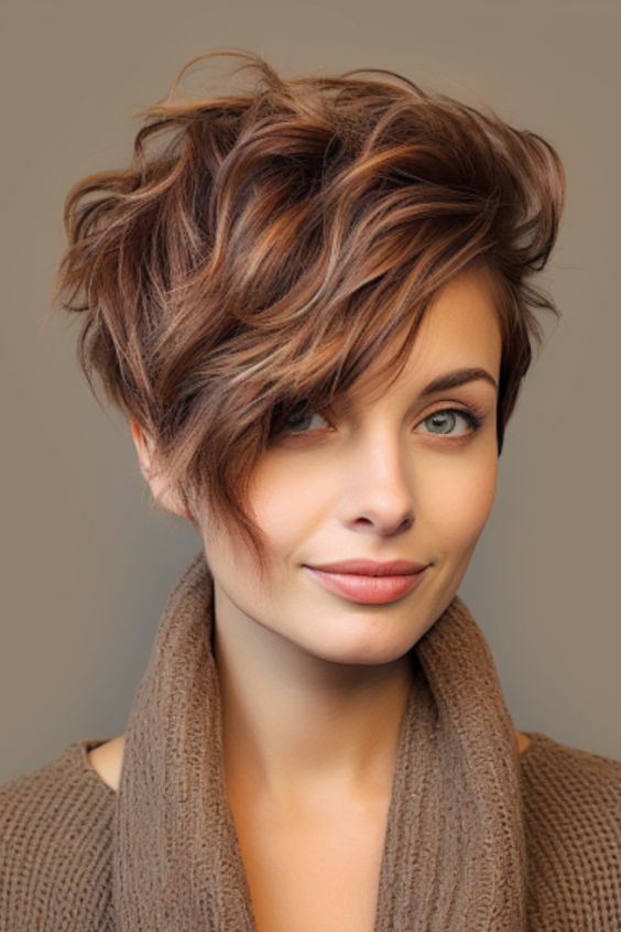 Caramel pixie cut on a woman