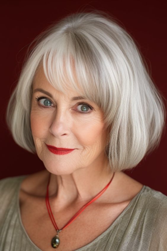 Chin-length bob with wispy bangs gray hairstyle for women over 70