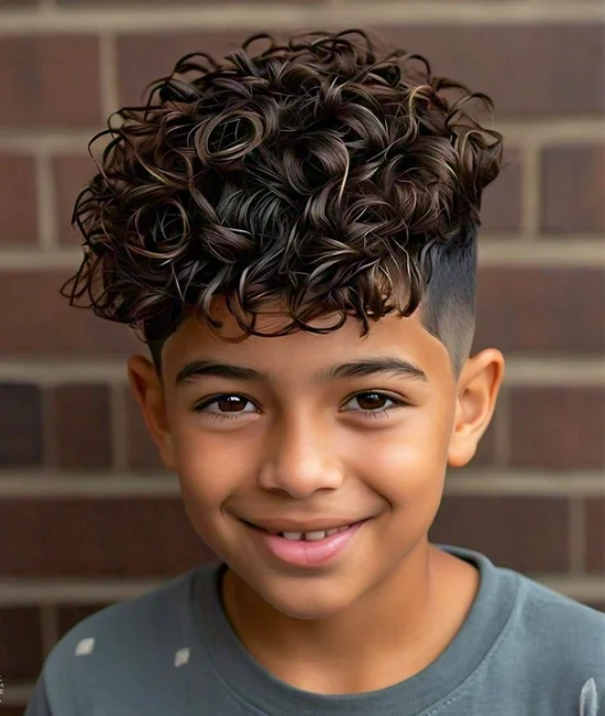 Kid with a curly top and faded sides, balancing volume and style.