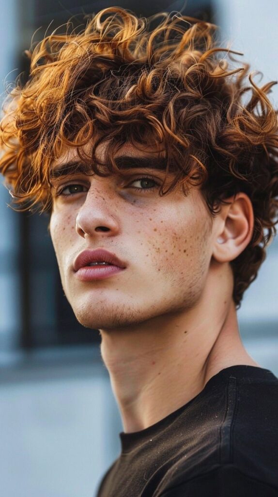 Curly fringe hairstyle for men, featuring curls styled forward to frame the face.