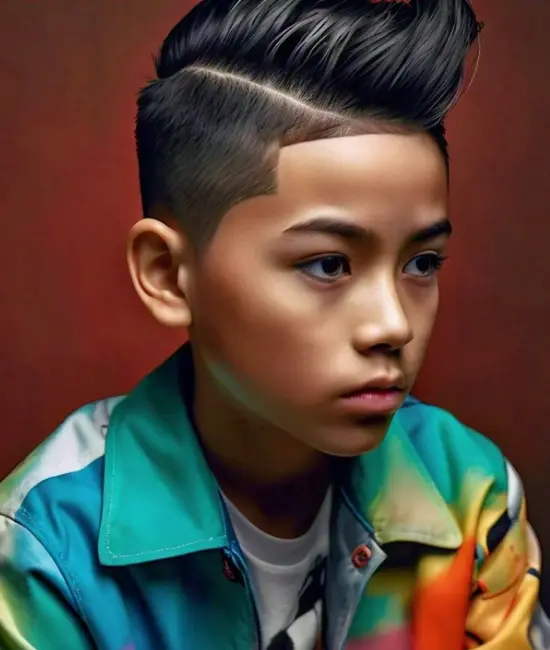 Boy with a fade haircut, stylish with varying lengths.