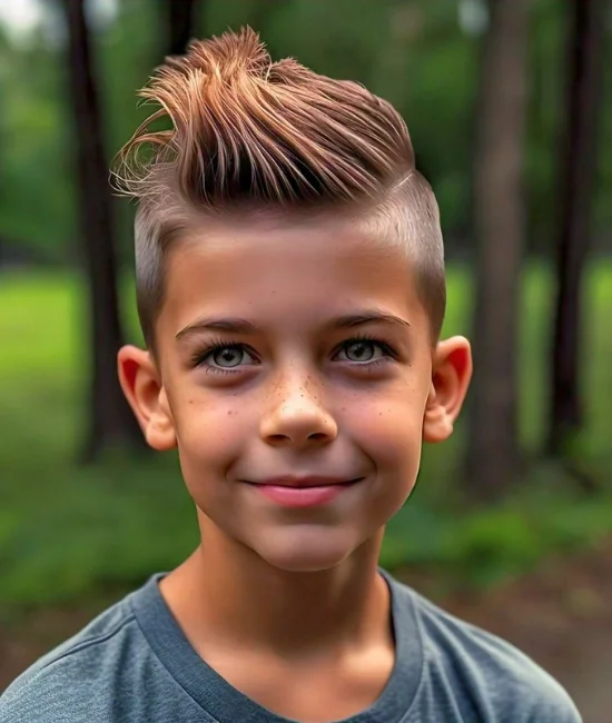 Boy with a faux hawk hairstyle, edgy with short sides and longer middle.