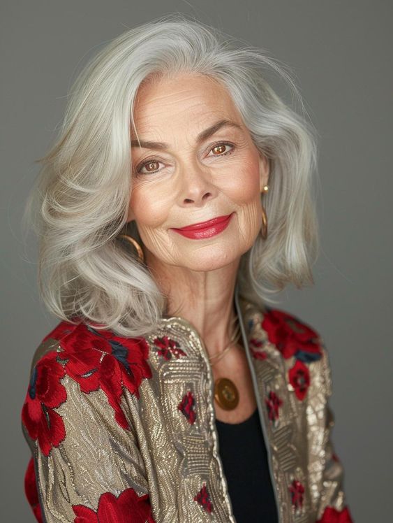 Feathered layered bob gray hairstyle for women over 70.