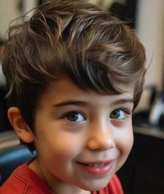 Kid with a French crop haircut, short sides, and longer top styled forward.