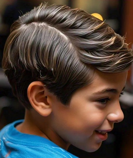 Boy with a hard part hairstyle, featuring a defined shaved line.