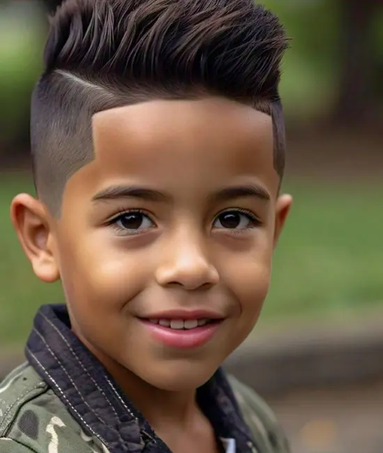 Boy with a high top fade, high flat top with faded sides.