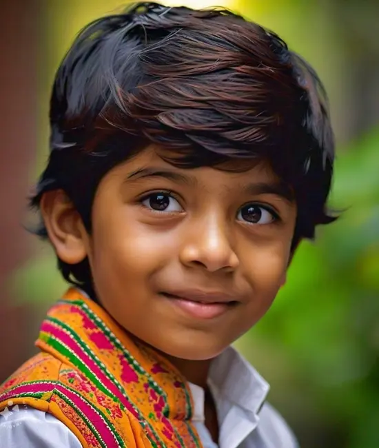 Boy with an Indian-inspired hairstyle, neat with a modern twist.