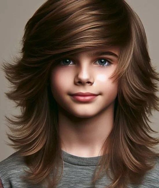 Boy with shoulder-length layered hair, adding volume and texture.