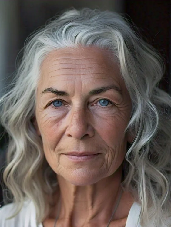 Medium-length silver waves gray hairstyle for women over 70.