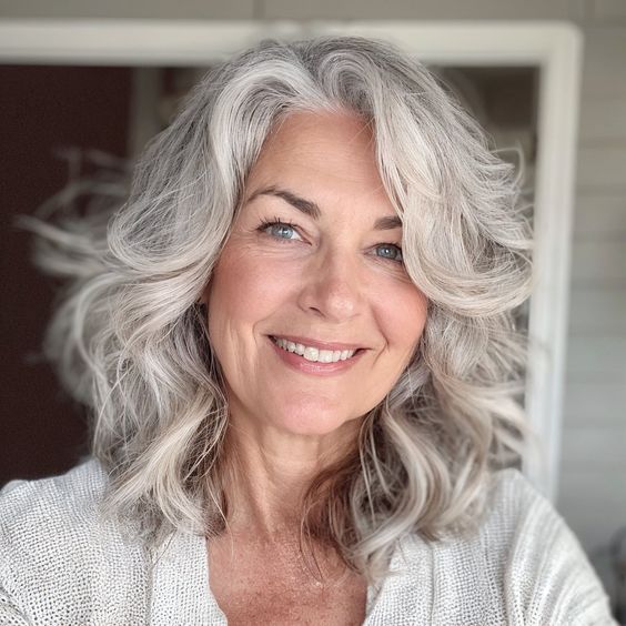 Mid-length tousled waves gray hairstyle for women over 70.