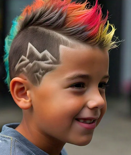 Kid with a mohawk hairstyle, bold with shaved sides and upright middle.