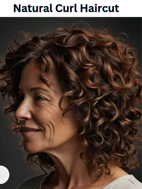 Natural curl haircut for women over 50 embracing texture and volume.