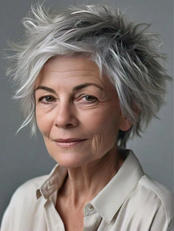 Piecey cropped pixie gray hairstyle for women over 70