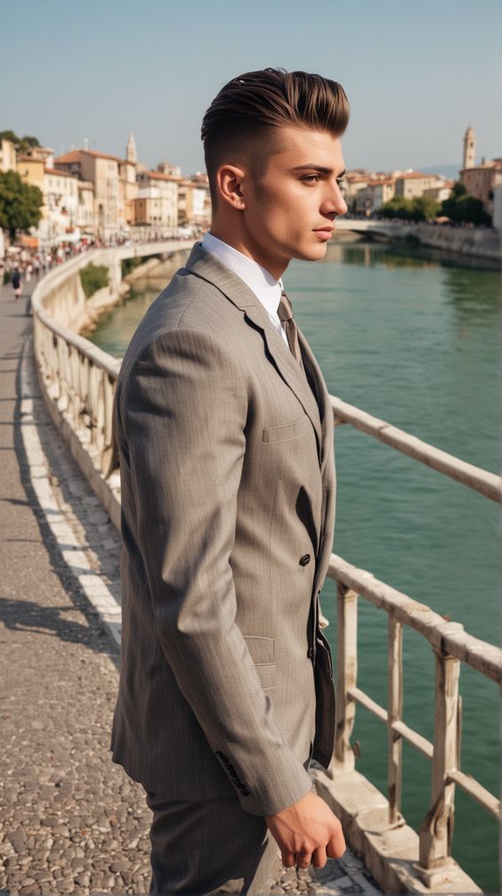 Man with a quiff and taper fade hairstyle, a stylish summer look.