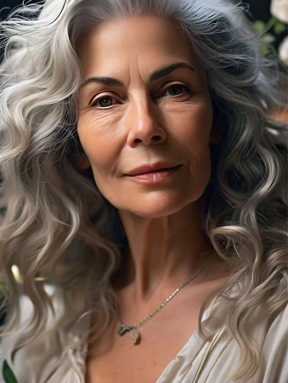 Romantic shoulder-length waves gray hairstyle for women over 70.