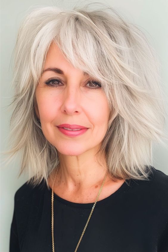 Shaggy silver layers gray hairstyle for women over 70